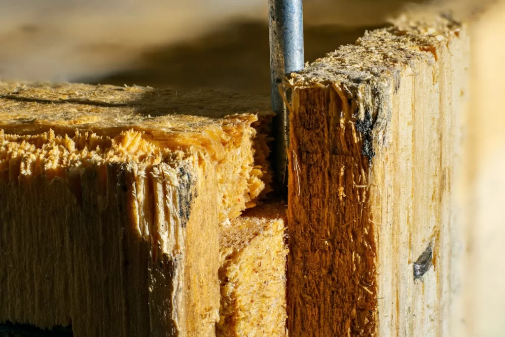 Close-up view of wood damaged by termites, with visible grooves and fragments, next to a metal rod.




