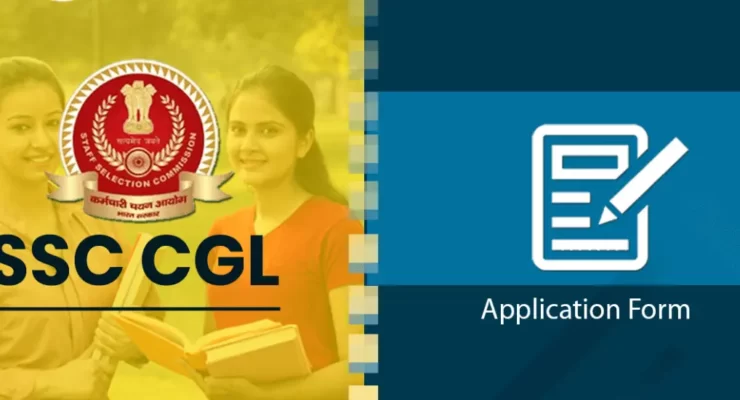 Promotional banner for SSC CGL featuring two young women holding books with the Staff Selection Commission logo in the background, alongside an icon of an application form