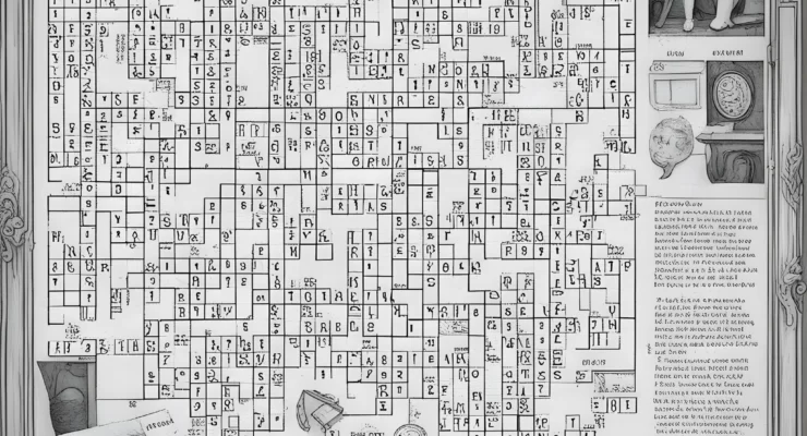 A highly detailed crossword puzzle Secure In A Way NYT with surrounding sketches, including a drawing of a man and woman, an antique radio, and various other elements.