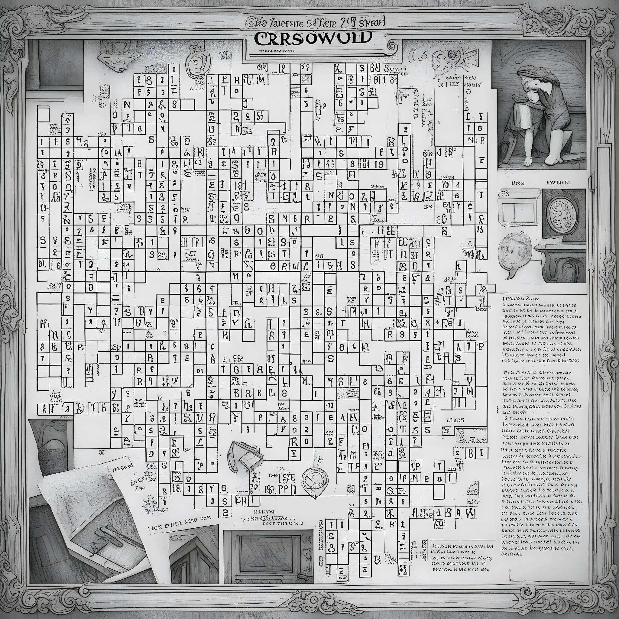 A highly detailed crossword puzzle Secure In A Way NYT with surrounding sketches, including a drawing of a man and woman, an antique radio, and various other elements.