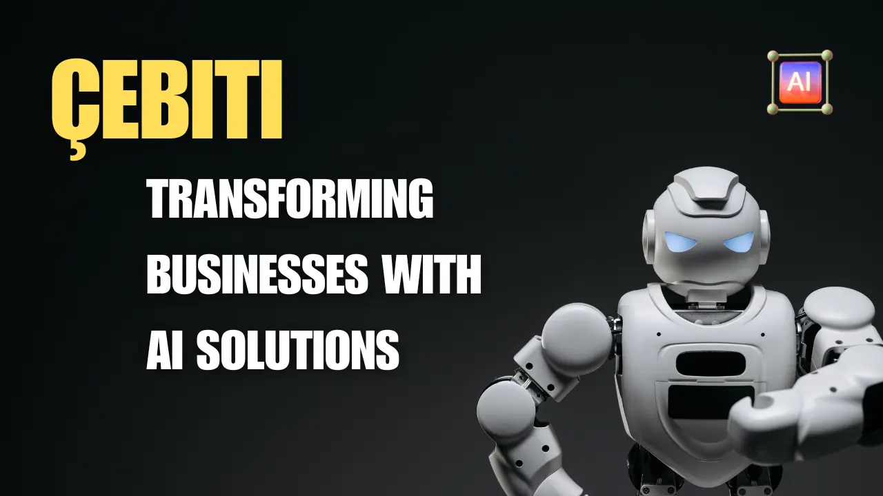 A marketing image for Çebiti, prominently displaying the brand name in bold yellow font, emphasizing its role in 'TRANSFORMING BUSINESSES WITH AI SOLUTIONS'. The background is a dark gradient, and to the right is a humanoid robot with a white and gray exterior, blue illuminated eyes, symbolizing the unified AI management system that Çebiti offers. The robot stands next to a glowing AI emblem, representing Çebiti's comprehensive capabilities in data preparation, model creation, deployment, and lifecycle management, all through a user-friendly interface that democratizes AI for all businesses.