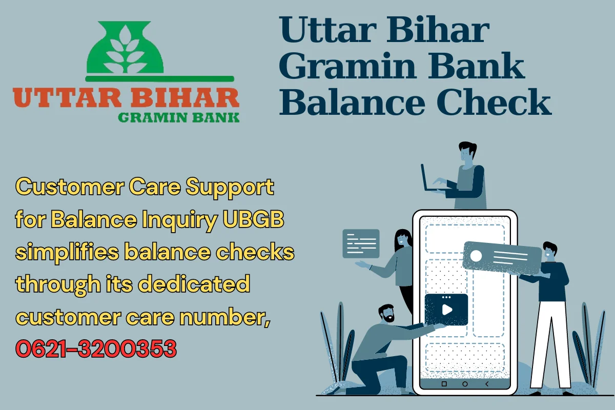 The image depicts an advertisement for Uttar Bihar Gramin Bank's balance check service. It features the bank's logo at the top with the text "Uttar Bihar Gramin Bank Balance Check" displayed prominently. Below, there is a statement that reads "Customer Care Support for Balance Inquiry UBGB simplifies balance checks through its dedicated customer care number, 0621-3200353." The background is a soft blue, and there are illustrations of three people: one holding a credit card, another with a mobile phone displaying what seems to be a banking app, and the third person is working on a laptop. The design suggests a blend of traditional and digital banking methods, emphasizing the ease of accessing banking services through customer support.