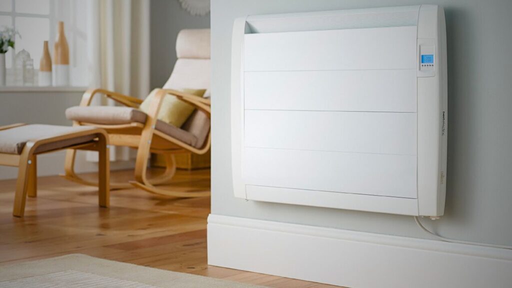 Electric radiators in white color resting on a wooden floor
